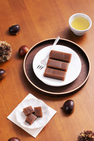 Chestnut pine nuts on the table, chestnut sweet potato dessert and teaの写真素材