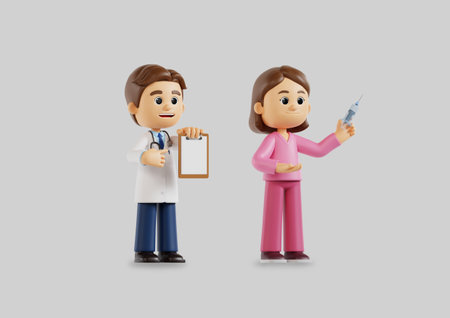 3d graphics of doctors and nurses holding medical charts and syringesの写真素材