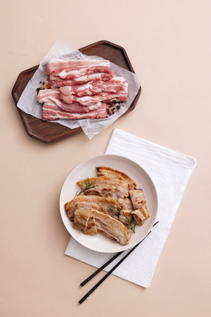 Raw meat and grilled pork bellyの写真素材