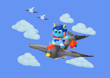 a dragon character riding a swallow and holding a lucky bagの写真素材