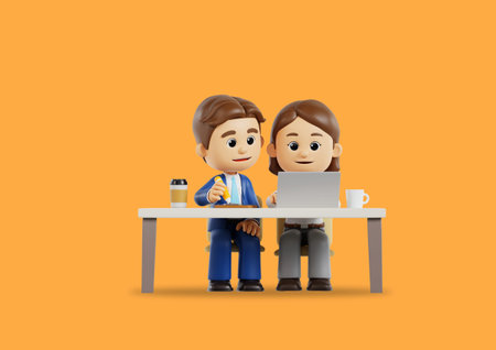 3d graphics of office workers sitting at their desks and collaborating on work