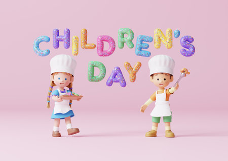 a girl and a boy dressed as a chef and making donutsの写真素材