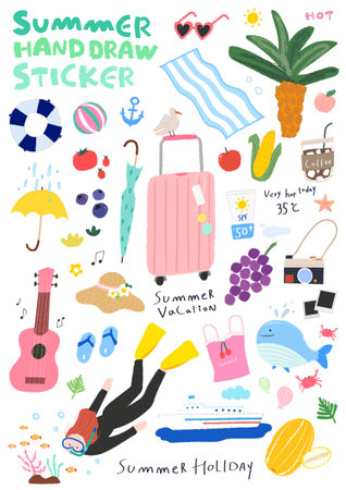 Various summer objects and person stickersのイラスト素材