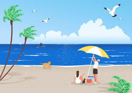 A woman and a man on a picnic at a windy resort beachのイラスト素材