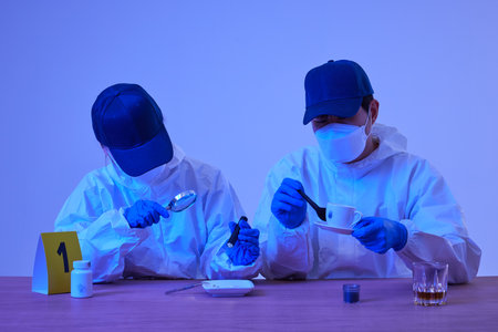 CSI Scientific Investigation Unit male and female researchers collecting fingerprints from crime and incident sites with blue lights and checking evidence with magnifying glassの写真素材