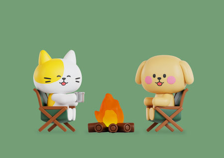 The characters of a dog and a cat with a bonfire