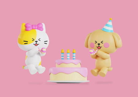 Happy Birthday Dog and Cat Charactersの写真素材