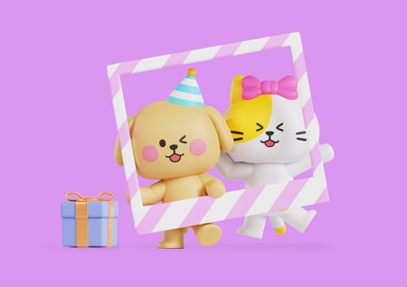 Puppy and cat characters who take pictures with a frameの写真素材
