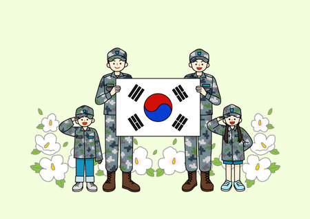 soldiers holding Korean flags and children salutingのイラスト素材