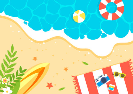 Summer Beach Beach Beach Sand Beach Background Illustration with Surfboard Beach Ball Tube Parasol Mat seen from aboveのイラスト素材