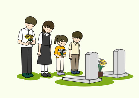 Children with chrysanthemums in memory at the tombstone of the National Cemeteryのイラスト素材