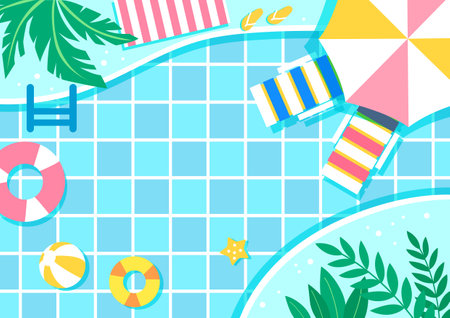 Summer Water Swimming Pool Background Illustration with Palm Tree Parasol Tube Beach Mat From Topのイラスト素材