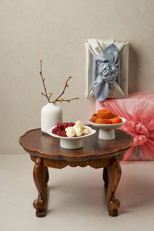 Gift cloth and traditional dessertの写真素材