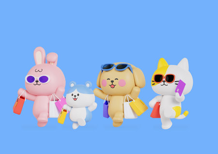 Animal characters shopping with a shopping bagの写真素材