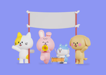 An animal character holding a banner