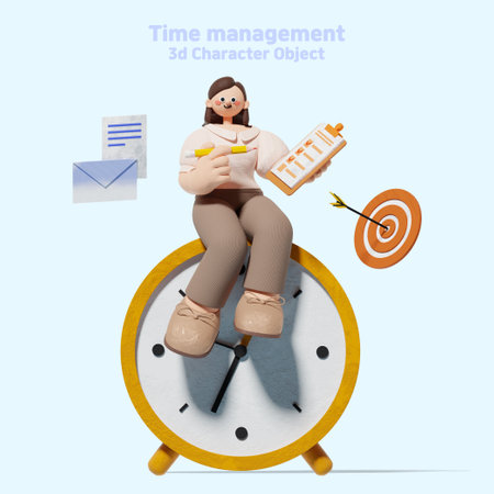 The person who sits on the clock and checks the schedule in front of the characterの写真素材