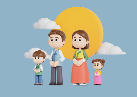 A harmonious family wearing hanbok for Chuseok
