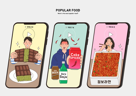 A smartphone with mukbang thumbnails and viewsのイラスト素材