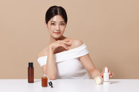 Woman in her 20s holding cosmeticsの写真素材