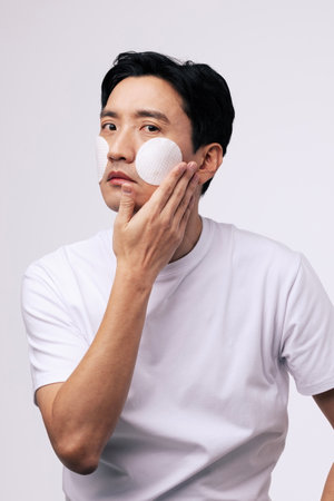 A middleaged man applying a round cotton padの写真素材