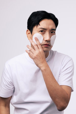 A middleaged man applying a round cotton padの写真素材
