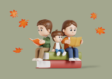 A family sitting on a book and readingの写真素材