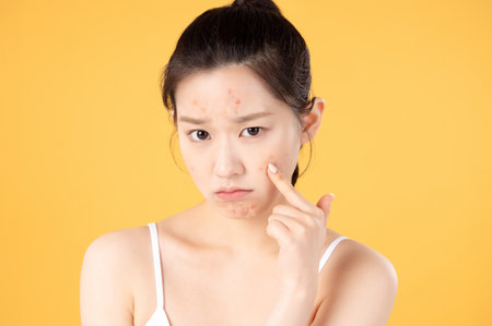 Teenage woman using ointment to remove skin problems on her faceの写真素材