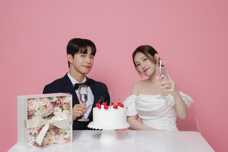 Newlywed couple smiling happily holding wedding cakeの写真素材