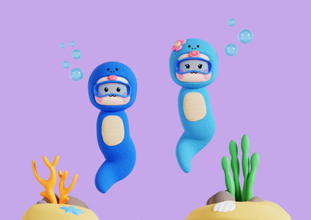 Snake character enjoying scuba divingの写真素材