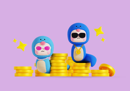 A scene where snake characters are on top of a pile of coins.