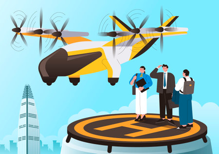 Office workers commuting to work using drone taxisのイラスト素材