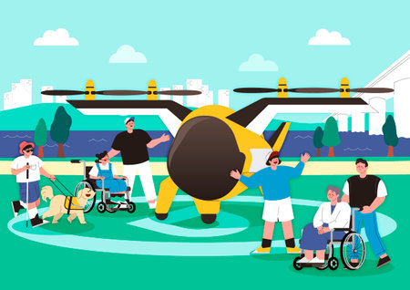 People with limited mobility using drone taxisのイラスト素材