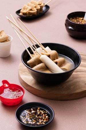 Oden and oden soup on a wooden trayの写真素材