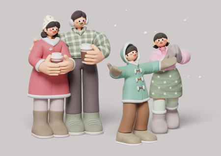 A family of four taking a walk together on a snowy dayの写真素材