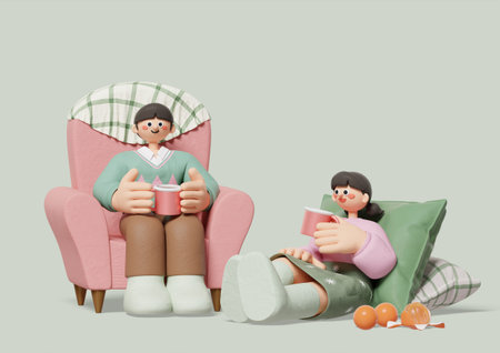 A boy sitting on the sofa drinking hot chocolate and a girl leaning on the back cushion and eating tangerinesの写真素材