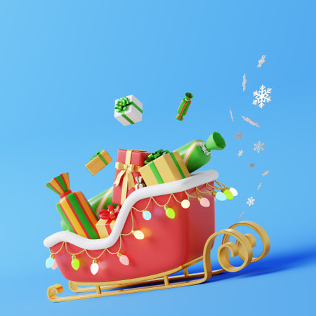 Sleigh full of gifts running while sprinkled with snowの写真素材