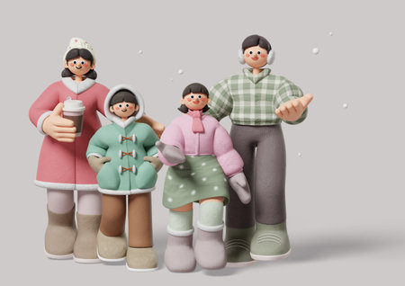 A family of four taking a walk together on a snowy dayの写真素材