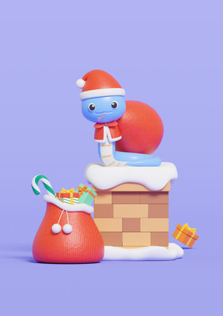 Snake character wearing a Santa costume and going into the chimneyの写真素材