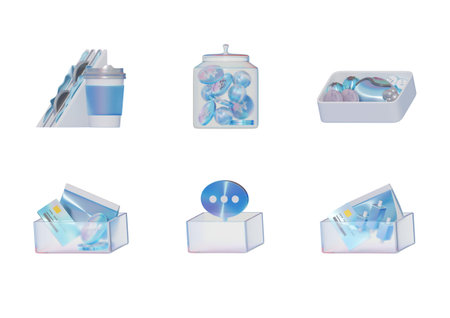 Financial product icons such as sandwich, coffee, piggy bank, bankbook, and box with cardsの写真素材