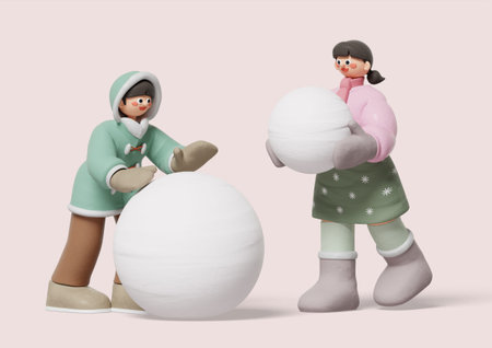Children wearing warm clothes and making snowmenの写真素材