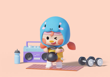 Bam character wearing sportswear and doing home trainingの写真素材