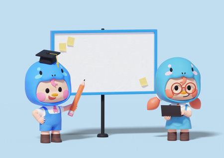 Snake character in front of a blackboard holding a pencil and laptopの写真素材