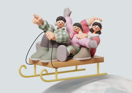A family of three having fun sleddingの写真素材