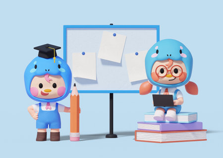 A character wearing a graduation cap in front of a bulletin board and a character wearing glasses sitting on a book.の写真素材