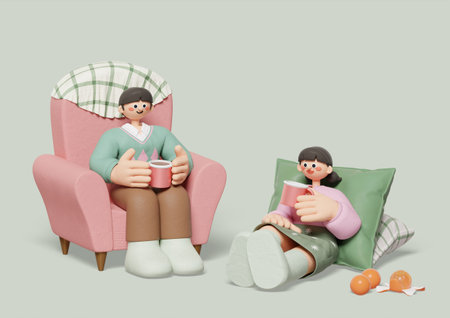 A boy sitting on the sofa drinking hot chocolate and a girl leaning on the back cushion and eating tangerinesの写真素材