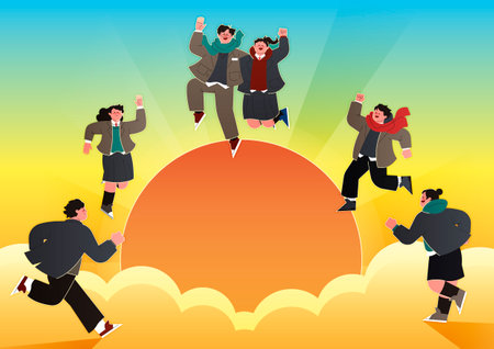 Students jumping with clouds and sun in the backgroundのイラスト素材