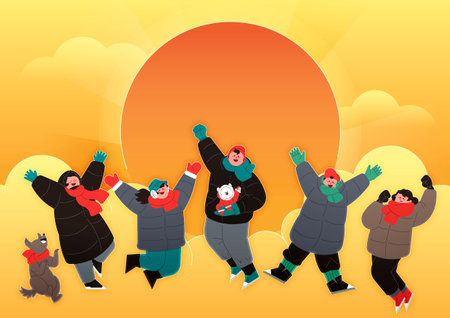 People and dogs jumping with clouds and sun in the backgroundのイラスト素材