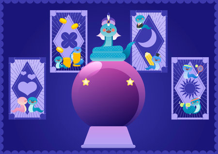 New Year's fortune test tarot card with a snake wearing a turban and sitting on a bead and a mysterious atmosphereのイラスト素材