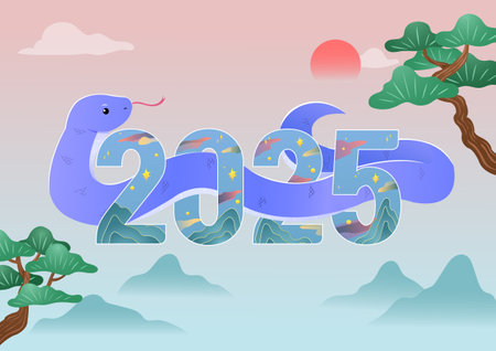 2025 Snake character and Korean traditional landscapeのイラスト素材