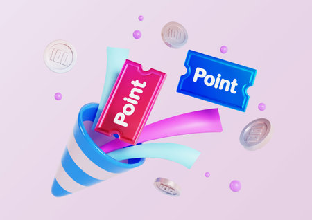 Point coupons and coins pouring out from celebration fireworksの写真素材